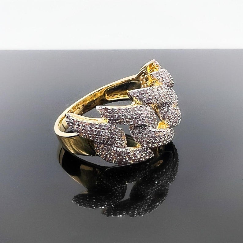 Icy Straight Edge Pinky Ring 14K Gold Finish VVs Cubic Zircon Crystals Finest Quality